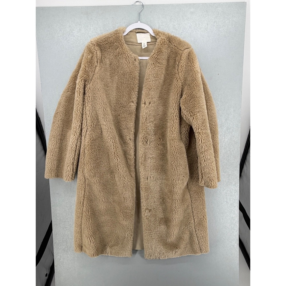 H&M Women Coat Tan Beige Teddy Faux‎ Fur Hook Eye Closure Medium - Picture 2 of 7